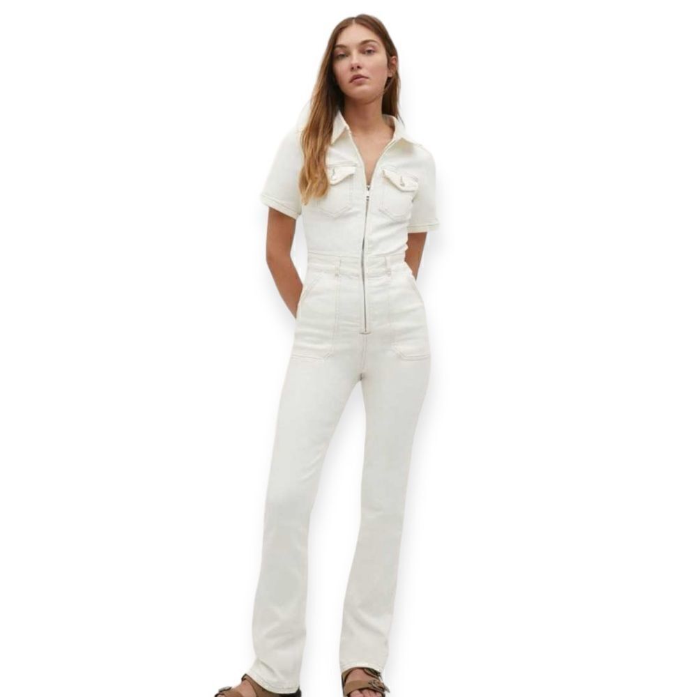 Stradivarius White Denim Utility Jumpsuit Size L NWT Zip Front Wide Leg One Piec - Picture 5 of 11